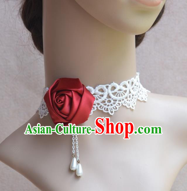 European Western Vintage Jewelry Accessories Renaissance Bride Red Satin Rose Necklace for Women