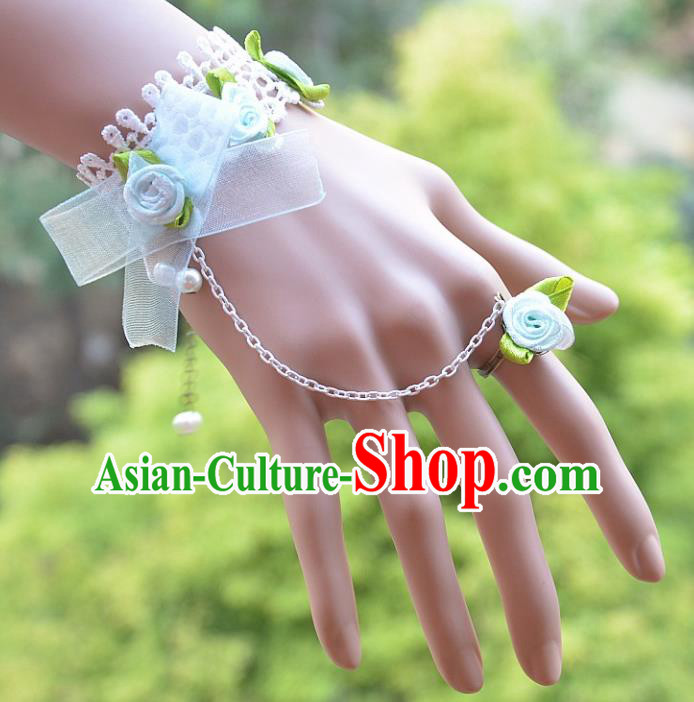 European Western Bride Vintage Jewelry Accessories Renaissance Blue Bowknot Bracelet with Ring for Women