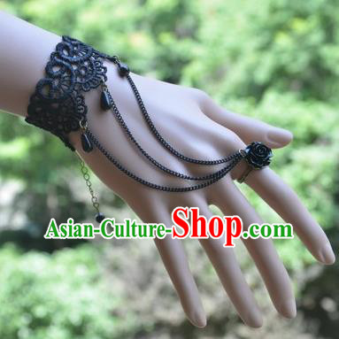 European Western Bride Vintage Jewelry Accessories Renaissance Black Lace Bracelet with Ring for Women