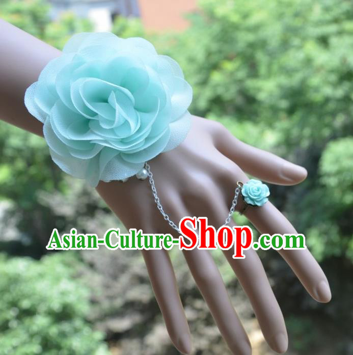 European Western Bride Vintage Blue Wrist Flowers Accessories Renaissance Bracelet with Ring for Women