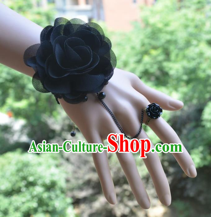 European Western Bride Vintage Black Wrist Flowers Accessories Renaissance Bracelet with Ring for Women