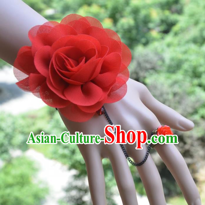 European Western Bride Vintage Red Wrist Flowers Accessories Renaissance Bracelet with Ring for Women