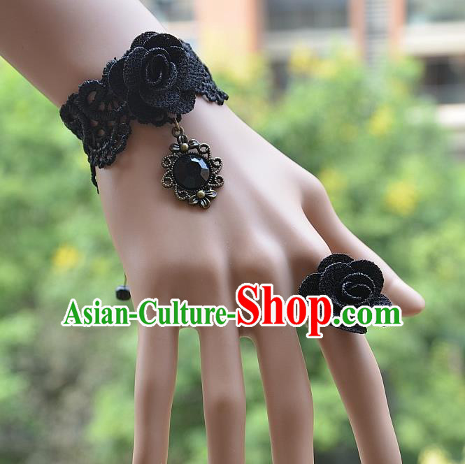 European Western Bride Vintage Jewelry Accessories Renaissance Black Crystal Flower Bracelet and Ring for Women