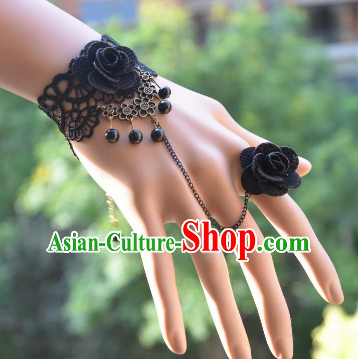 European Western Bride Vintage Jewelry Accessories Renaissance Black Flower Bracelet with Ring for Women