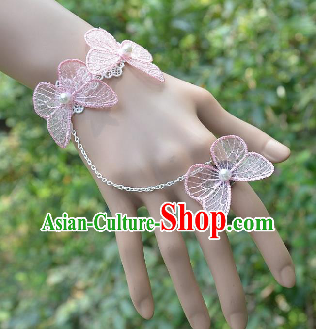 European Western Bride Wrist Accessories Vintage Renaissance Pink Butterfly Bracelet with Ring for Women