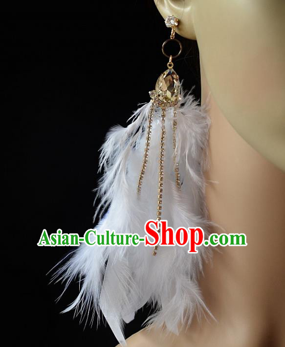 European Western Bride Vintage Accessories White Feather Crystal Eardrop Renaissance Earrings for Women