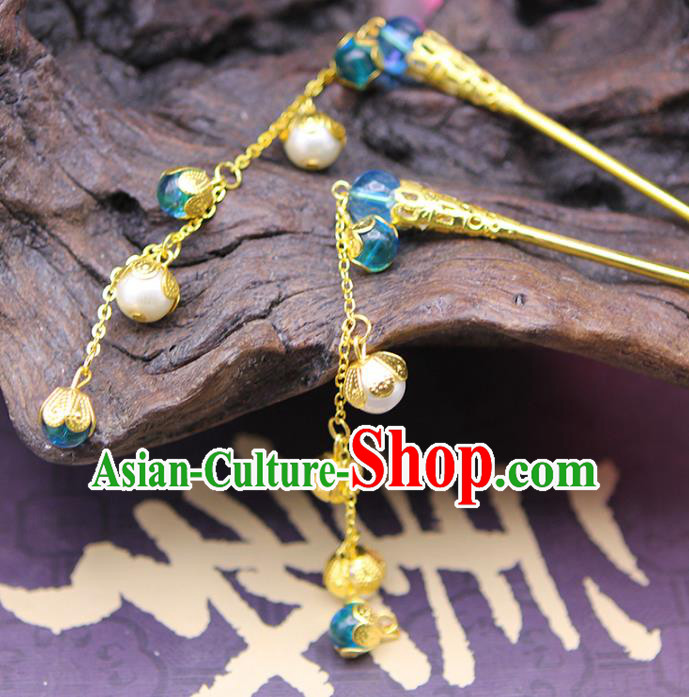 Handmade Chinese Ancient Hair Accessories Blue Beads Tassel Step Shake Hairpins for Women