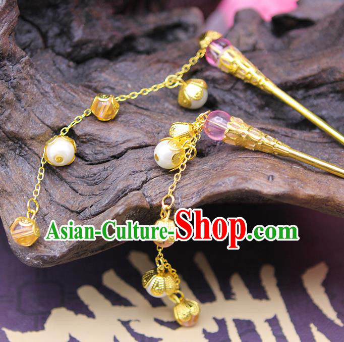 Handmade Chinese Ancient Hair Accessories Pink Beads Tassel Step Shake Hairpins for Women