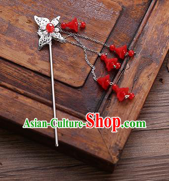 Handmade Chinese Ancient Princess Hair Accessories Butterfly Red Tassel Hairpins for Women