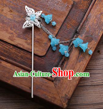 Handmade Chinese Ancient Princess Hair Accessories Butterfly Blue Tassel Hairpins for Women