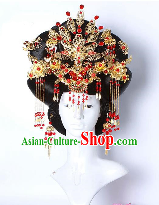 Handmade Chinese Ancient Imperial Concubine Hair Accessories Wig and Phoenix Coronet Hairpins Complete Set for Women