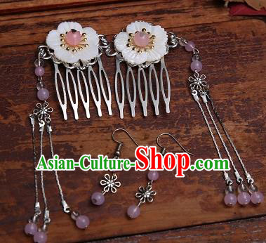 Handmade Chinese Ancient Hair Accessories Pink Beads Tassel Hair Comb Hairpins for Women