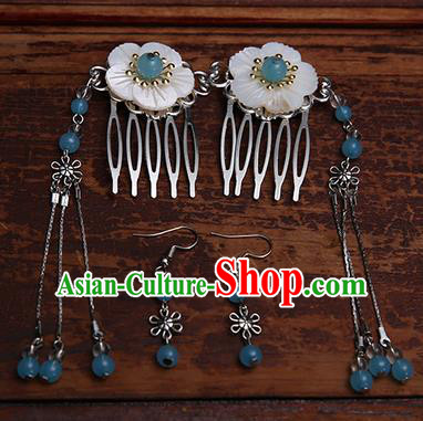 Handmade Chinese Ancient Hair Accessories Blue Beads Tassel Hair Comb Hairpins for Women