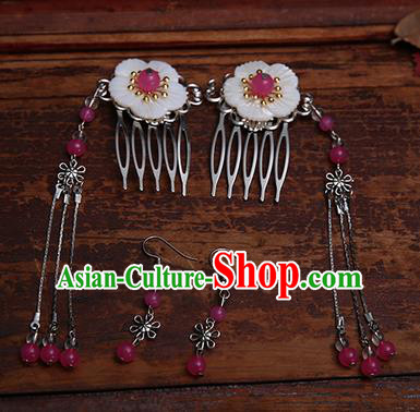 Handmade Chinese Ancient Hair Accessories Rosy Beads Tassel Hair Comb Hairpins for Women