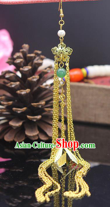 Handmade Chinese Ancient Palace Lady Accessories Golden Flower Tassel Earrings for Women