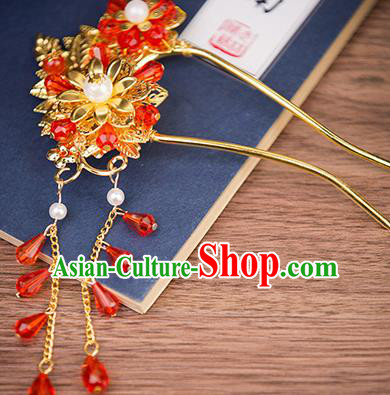 Handmade Chinese Ancient Palace Lady Hair Accessories Hanfu Red Beads Tassel Hairpins for Women