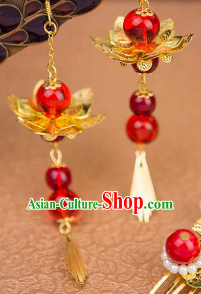 Handmade Chinese Ancient Palace Lady Accessories Hanfu Red Beads Lotus Earrings for Women