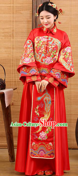 Traditional Ancient Chinese Costume Xiuhe Suits Wedding Embroidered Phoenix Peony Red Clothing for Women