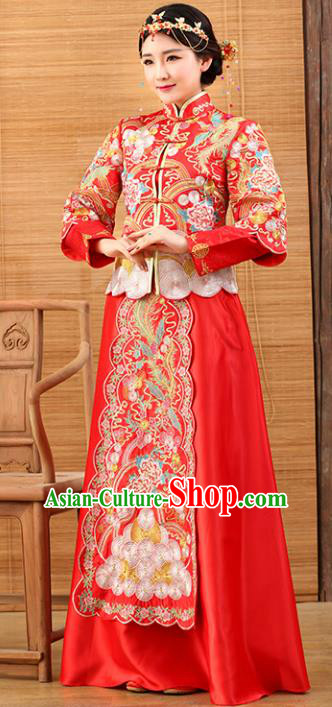 Traditional Ancient Chinese Costume Xiuhe Suits Wedding Dress Bride Embroidered Red Toast Clothing for Women