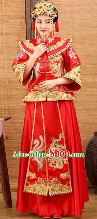 Traditional Ancient Chinese Costume Xiuhe Suits Wedding Embroidered Dragon and Phoenix Red Toast Clothing for Women