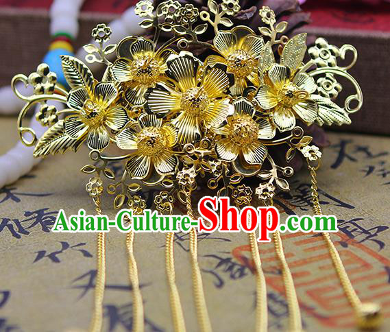 Handmade Chinese Ancient Palace Lady Hair Accessories Hanfu Hairpins Golden Tassel Hair Comb for Women