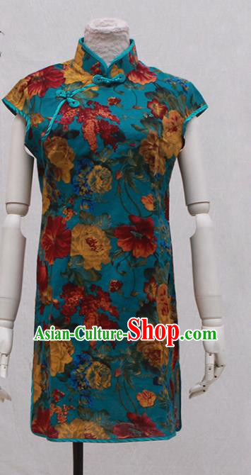 Traditional Ancient Chinese Black Qipao Dress Painting Peony Blue Cheongsam Clothing for Women