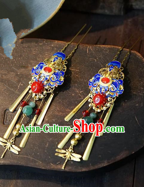 Chinese Handmade Classical Hair Accessories Ancient Hanfu Cloisonne Hairpins Tassel Step Shake Hair Clip for Women