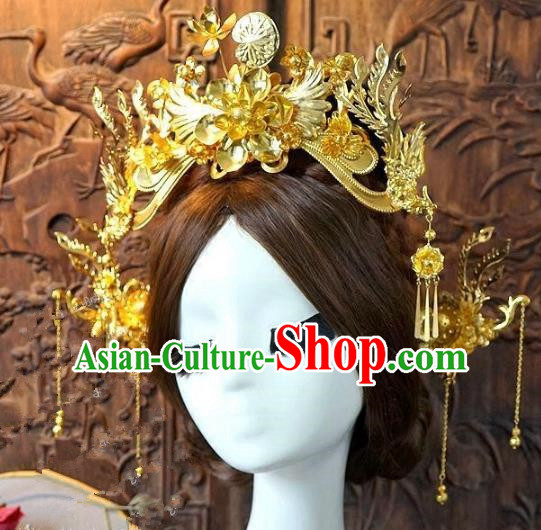 Chinese Handmade Classical Hair Accessories Ancient Hanfu Golden Hairpins Bride Phoenix Coronet for Women