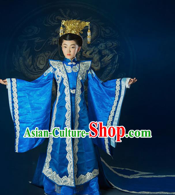 China Ancient Ming Dynasty Royal Empress Hanfu Embroidered Costume and Headpiece Complete Set for Kids