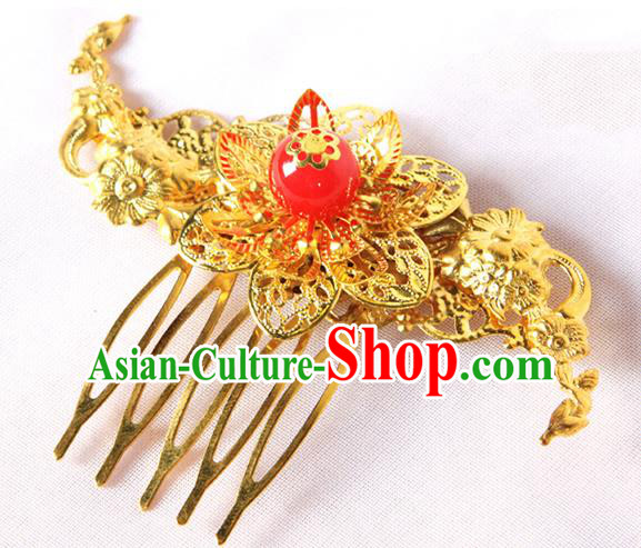 Handmade Asian Chinese Ancient Palace Lady Hair Accessories Hanfu Golden Hair Comb for Women