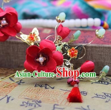 Handmade Asian Chinese Ancient Palace Lady Hair Accessories Hanfu Red Flowers Hairpins for Women