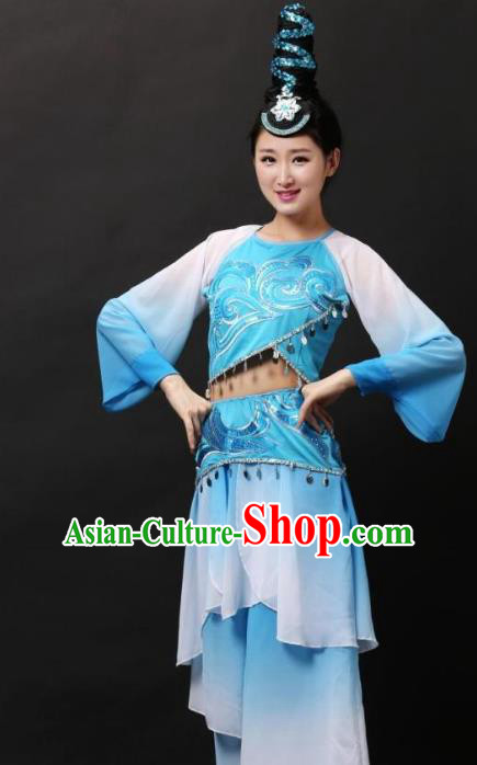 Traditional Chinese Classical Dance Blue Costume, China Classical Folk Dance Clothing for Women