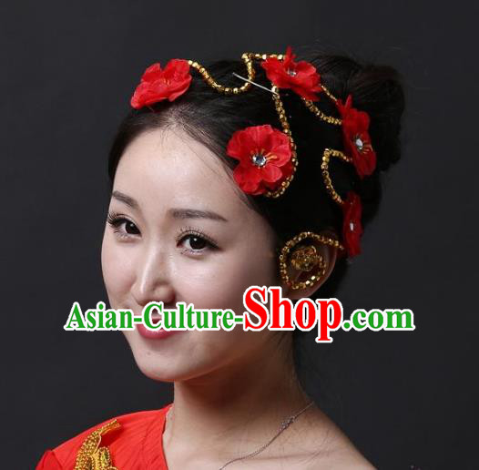 Chinese Classical Yangge Folk Fan Dance Hair Accessories Yangko Red Flowers Headwear for Women