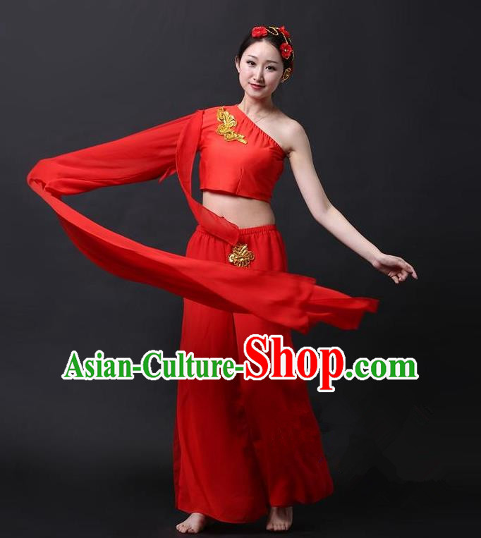 Traditional Chinese Classical Yangge Dance Costume, China Folk Dance Single Sleeve Red Clothing for Women