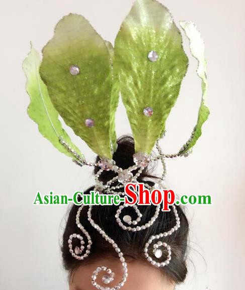 Chinese Classical Yangge Folk Fan Dance Hair Accessories Yangko Green Lotus Headwear for Women