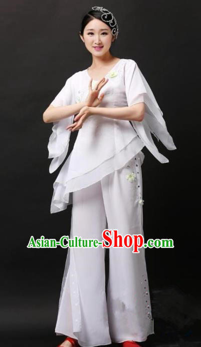 Traditional Chinese Yangge Folk Dance Costume, China Yanko Dance White Clothing for Women