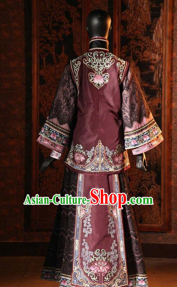 Traditional Chinese Qing Dynasty Dowager Countess Embroidered Costume Purple Xiuhe Suits for Women