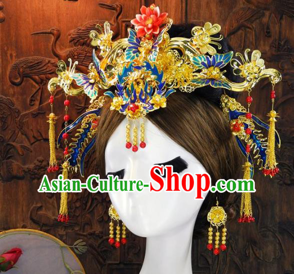 Chinese Handmade Classical Hair Accessories Ancient Wedding Headdress Blueing Phoenix Coronet Hairpins for Women