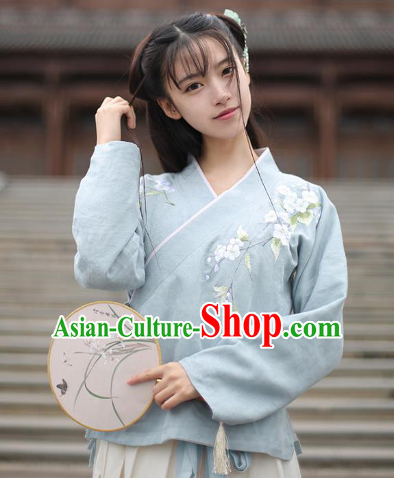 Traditional Chinese National Costume Cheongsam Blouse Tangsuit Embroidered Blue Shirts for Women