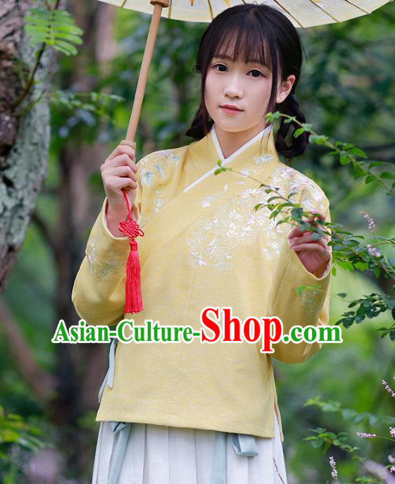 Traditional Chinese National Costume Embroidered Cheongsam Blouse Tangsuit Yellow Shirts for Women