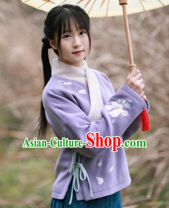 Traditional Chinese National Costume Embroidered Purple Blouse Tangsuit Shirts for Women