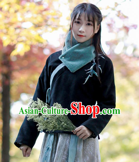 Traditional Chinese National Costume Embroidered Black Blouse Tangsuit Shirts for Women