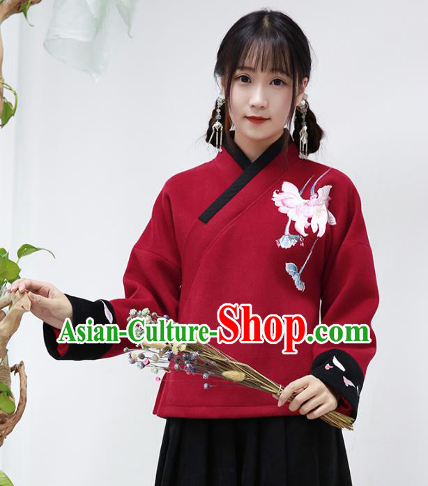 Traditional Chinese National Costume Cheongsam Red Wool Blouse Tangsuit Embroidered Coats for Women