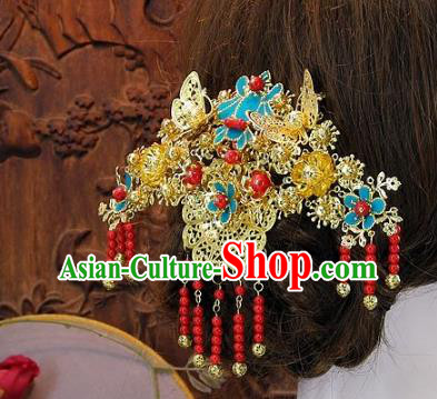 Chinese Handmade Classical Cloisonne Hair Accessories Ancient Wedding Headdress Tassel Hairpins for Women