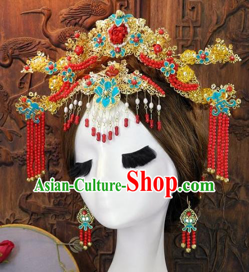 Chinese Handmade Classical Cloisonne Hair Accessories Ancient Wedding Phoenix Coronet Hairpins for Women