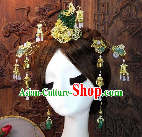 Chinese Handmade Classical Wedding Hair Accessories Ancient Bride Jade Hairpins Complete Set for Women