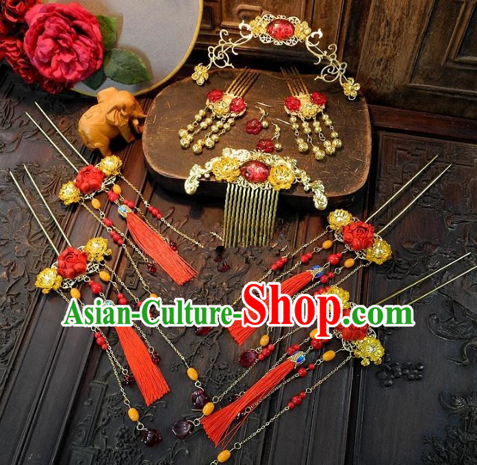 Chinese Handmade Classical Wedding Hair Accessories Ancient Bride Red Tassel Hairpins Complete Set for Women
