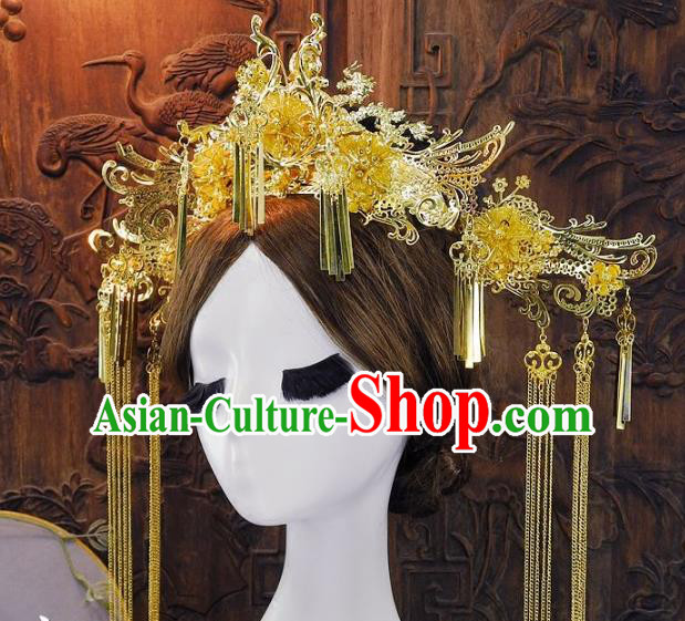 Chinese Handmade Classical Golden Phoenix Coronet Ancient Queen Hanfu Wedding Headdress Hair Accessories for Women