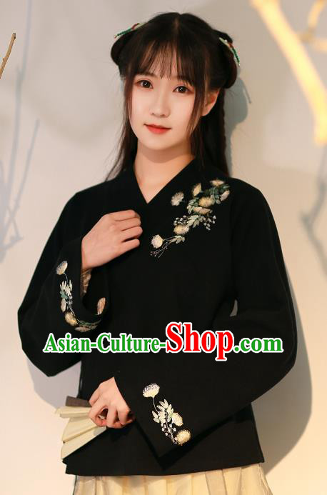 Traditional Chinese National Costume Embroidered Hanfu Black Blouse Tangsuit Shirts for Women