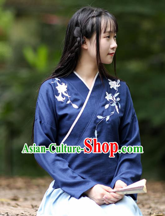 Traditional Chinese National Costume Embroidered Blouse Tang Suit Hanfu Blue Shirts for Women